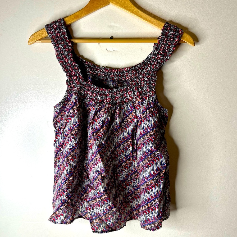Anthropologie Smocked Tank Top Red Blue Geometric Pattern Women's Small